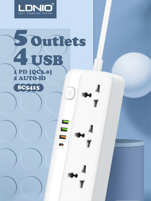 LDNIO SC5415 Multi Function Power Strip 5 Power Sockets +1PD 20W+1QC 18W+2 AUTO-ID Extension Board View 3 - OnlineExpo.pk
