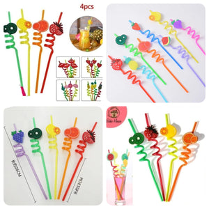 Reusable Straws for Kids, Fruit / Cartoon Shape Spiral Drinking Straw (Assorted) - Pack of 4 Original Product Front View - OnlineExpo.pk