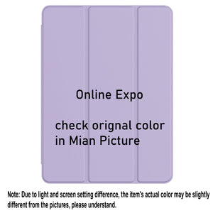 A lavender/light purple tri-fold tablet or notebook-style case shown on a white background, with overlaid text reading 'Online Expo check original color in Mian Picture' and a note below saying the actual color may be slightly different due to lighting and screen settings.