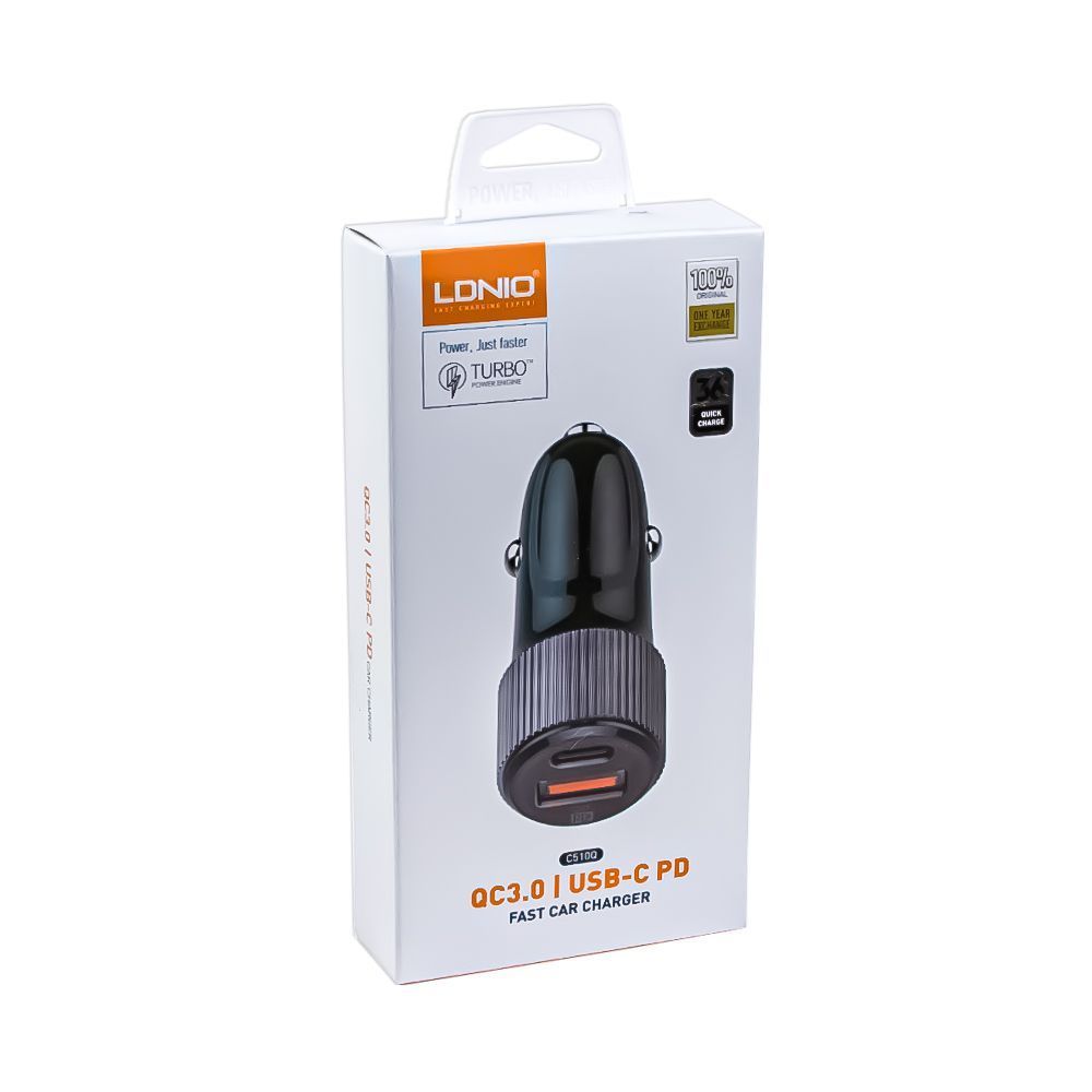 LDNIO C510Q USB C Fast Car Charger 36W PD+QC3.0 Fast Charging in Car charger - Black Original Product Front View