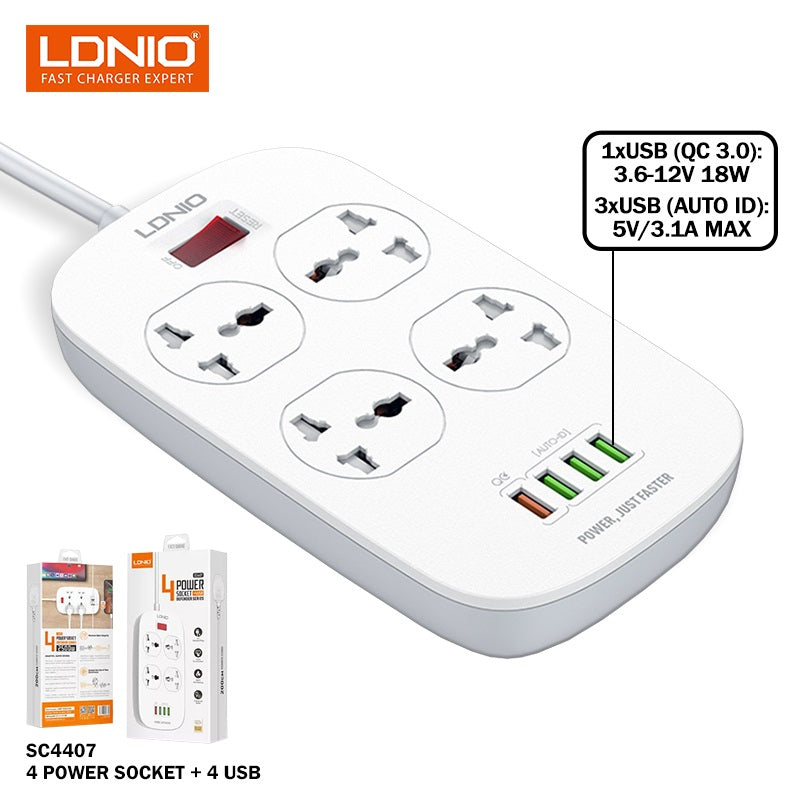 LDNIO SC4407 Power Socket 4 USB Charger with Power Extension Cord - White Original Product Front View - OnlineExpo.pk