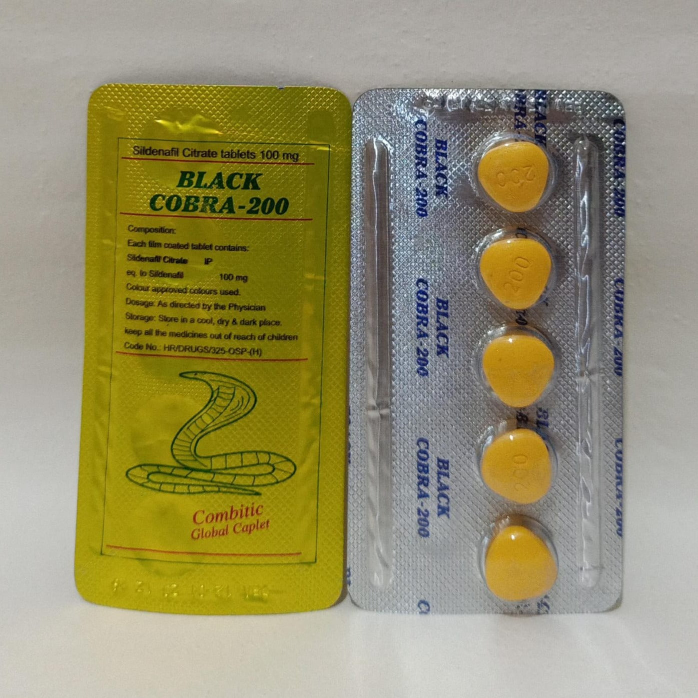 Black Cobra-200 (100mg) 5 Tablets Original Product Front View - OnlineExpo.pk