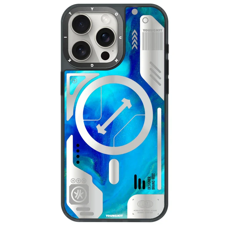 iPhone 15 Pro Max Youngkit Cyberpunk Luminous Quicksand Series MagSafe Case - Blue Original Product Front View