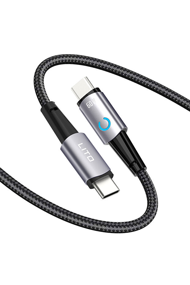 LITO LD10CC 60W Metal Type-C to Type-C Fast Charging Cable with LED Light – 1m Black View 2 - OnlineExpo.pk