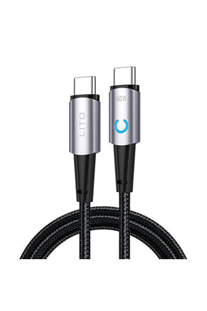 LITO LD10CC 60W Metal Type-C to Type-C Fast Charging Cable with LED Light – 1m Black Original Product Front View - OnlineExpo.pk