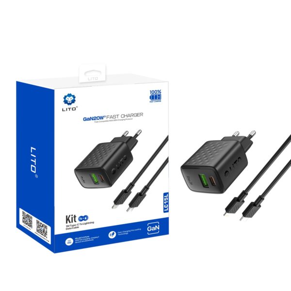 LITO LC15L 20W Charger with Cable (Black) | Fast PD Charger – LITO Original Product Front View - OnlineExpo.pk