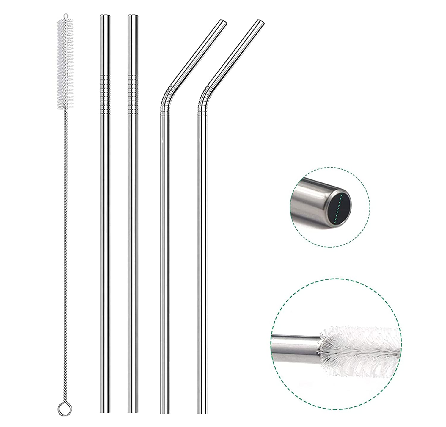 Straws Stainless Steel - Drinking Straw Reusable with Ultra Long 4 Metal Straws 8.5"(2 Straight, 2 Bend) and 1 Cleaning Brush - Eco Friendly View 2 - OnlineExpo.pk