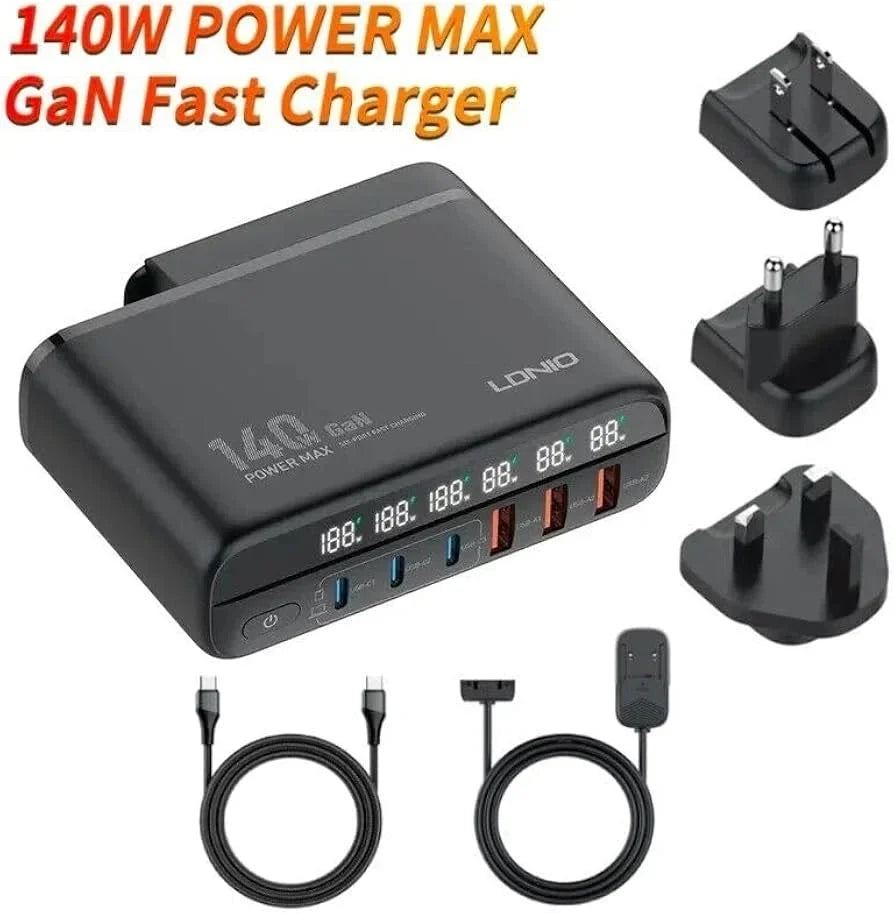 LDNIO A6140C 140W GaN 6-Port Desktop Fast Charger with LED Display Original Product Front View - OnlineExpo.pk