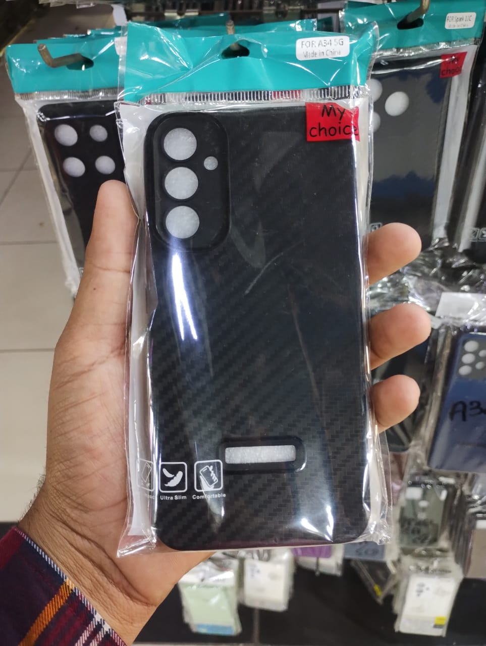 Carbon Fibre texture Phone cover for Samsung A34 Original Product Front View - OnlineExpo.pk