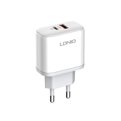 LDNIO A2526C 45W Dual Port PD+QC Super Fast Charger with USB A to C Cable - White Original Product Front View - OnlineExpo.pk