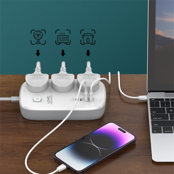 LDNIO SC3416 65W GaN Power Strip with USB PD 3 AC Outlets Surge Protector View 4 - OnlineExpo.pk
