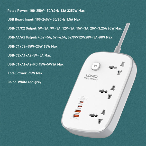 LDNIO SC3416 65W GaN Power Strip with USB PD 3 AC Outlets Surge Protector View 3 - OnlineExpo.pk