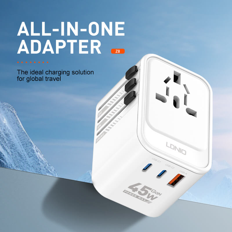 LDNIO Z8 Universal 3 USB Ports 45W GaN Travel Adapter - White Original Product Front View - OnlineExpo.pk
