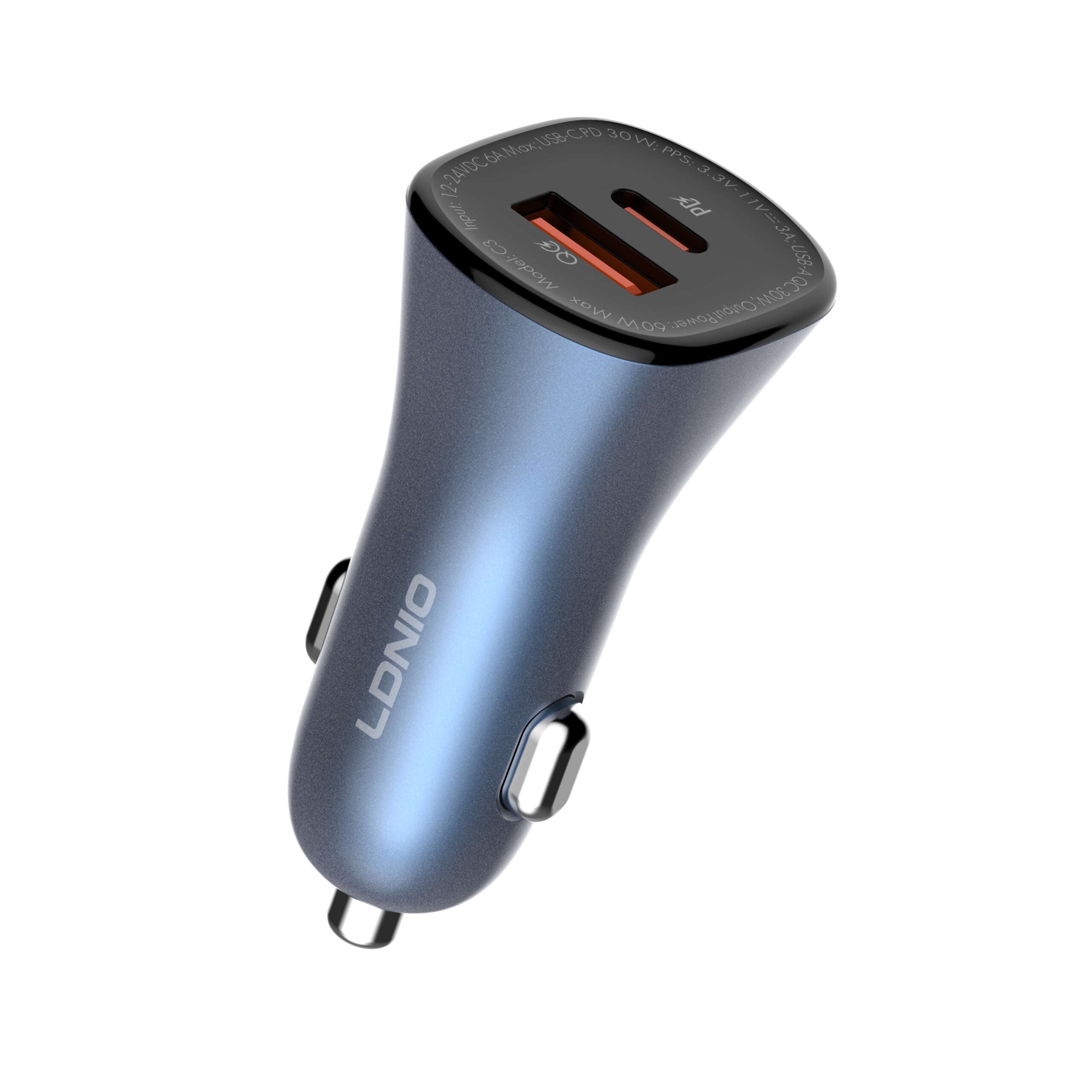 LDNIO C3 PD+QC fast car charger, 60W charging current, dual USB car charger Original Product Front View - OnlineExpo.pk