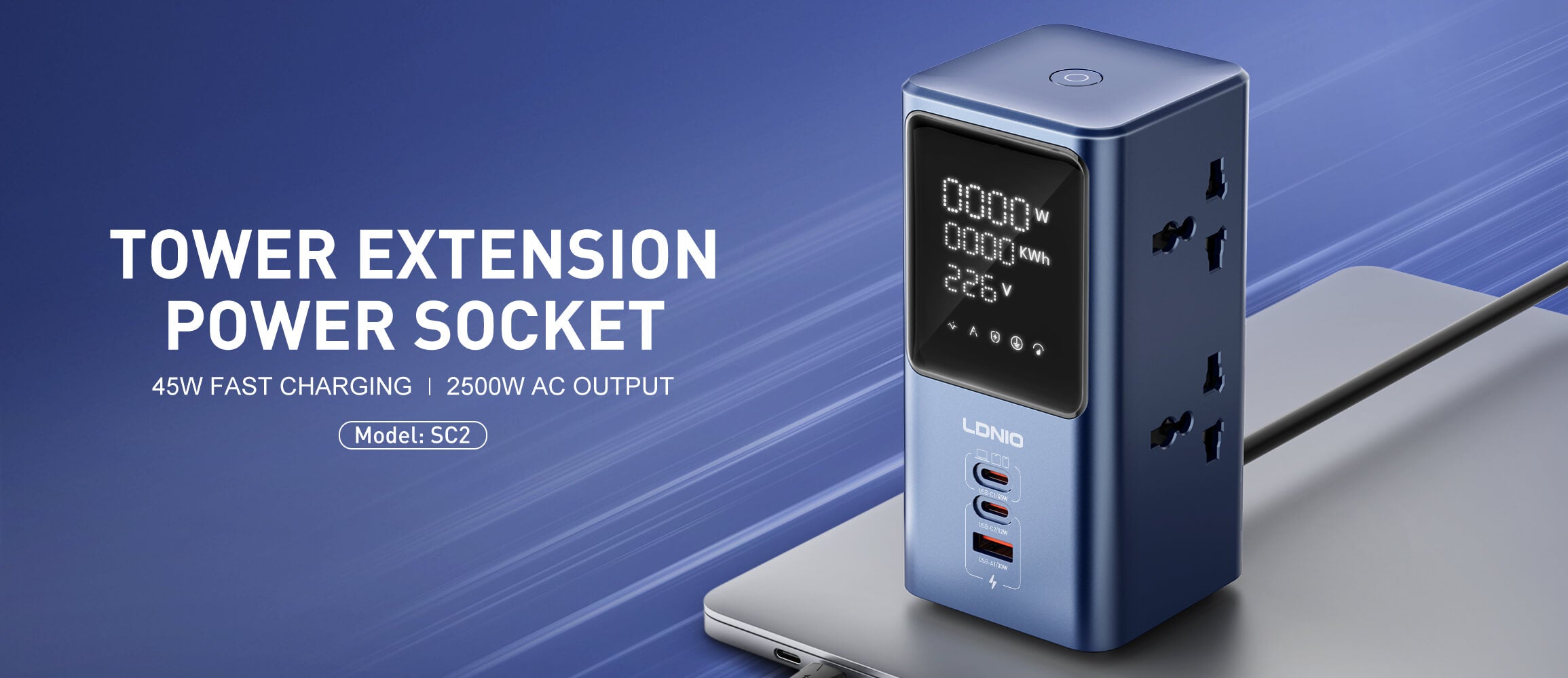 LDNIO SC2 45W PD Power Strip with Fast Charging & LED Display Original Product Front View - OnlineExpo.pk