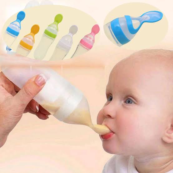 Baby Silicon Spoon Feeder With Bottle, Spoon Squeeze Bottle Feeder Baby Feeding Cereal Rice With Dispensing Feeder Food Dispensing Spoon Toddler Food Rice Milk Feeder Original Product Front View - OnlineExpo.pk