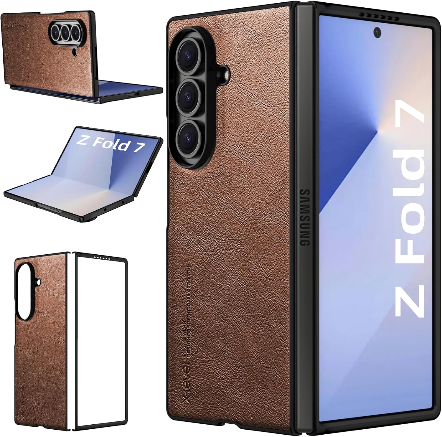 Samsung Galaxy Z Fold 7 X-level, Thin Slim Premium PU Leather | Bumper | Shockproof Protection | Folding Phone Case | Brown