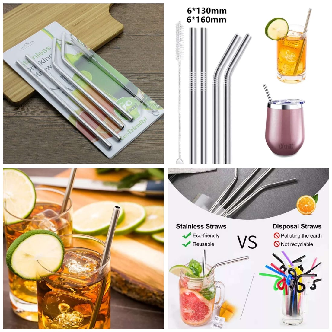 Straws Stainless Steel - Drinking Straw Reusable with Ultra Long 4 Metal Straws 8.5"(2 Straight, 2 Bend) and 1 Cleaning Brush - Eco Friendly Drinking Straws Original Product Front View - OnlineExpo.pk