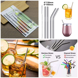 Straws Stainless Steel - Drinking Straw Reusable with Ultra Long 4 Metal Straws 8.5"(2 Straight, 2 Bend) and 1 Cleaning Brush - Eco Friendly Drinking Straws Original Product Front View - OnlineExpo.pk