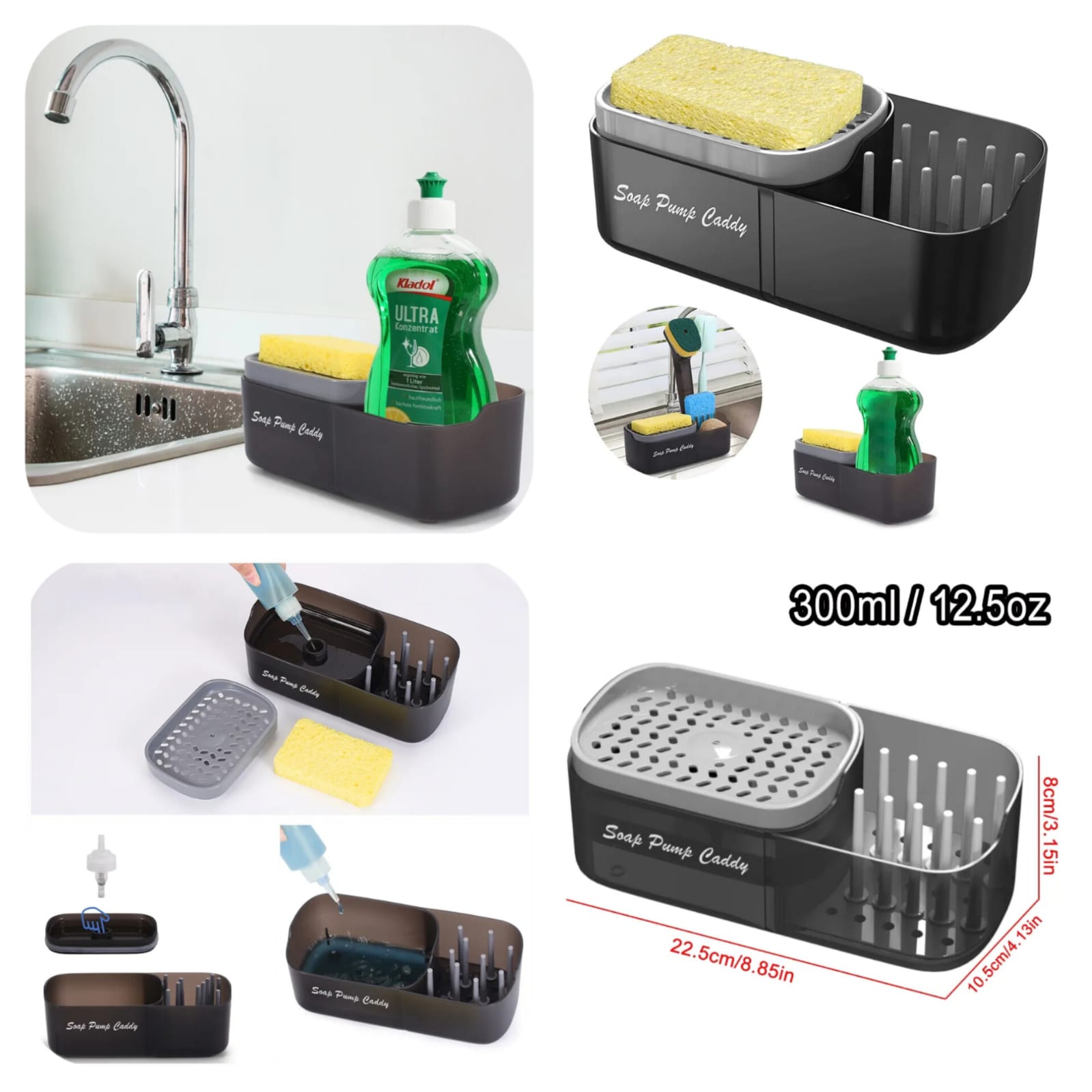 3-in-1 Sponge Soap Dispenser Pump Cleaning Liquid Tool Holder Sink Caddy Storage Original Product Front View - OnlineExpo.pk