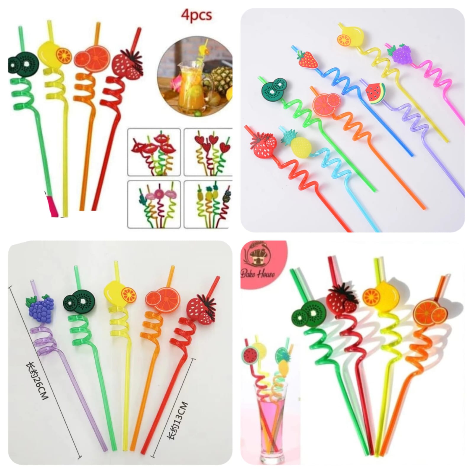 Reusable Straws for Kids, Fruit / Cartoon Shape Spiral Drinking Straw (Assorted) - Pack of 4 Original Product Front View - OnlineExpo.pk