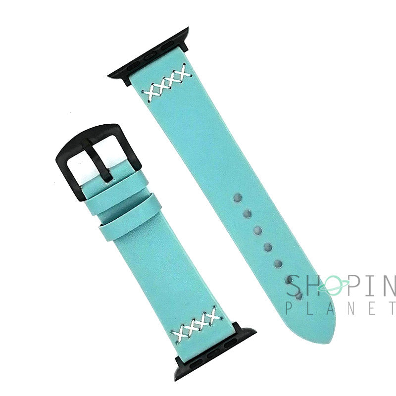 Apple watch 42mm - 44mm - 45mm Leather Strap with Cross Stitch and Black Clip for Smartwatch - Sea Green Original Product