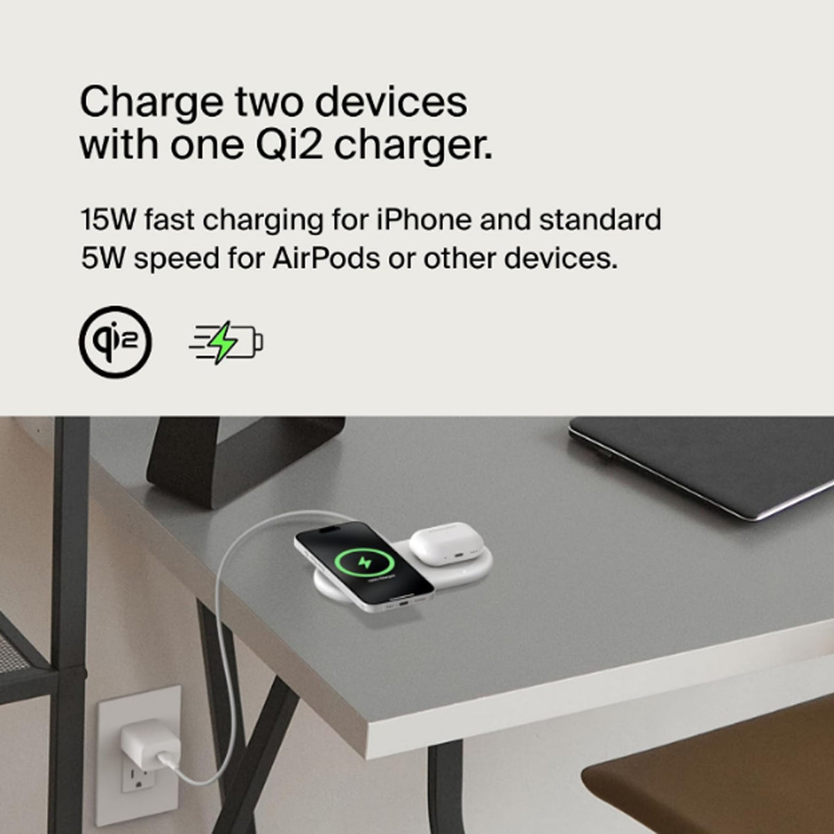 Belkin Qi2 15W fast magnetic dual charging pad for iPhone and AirPods charging view OnlineExpo