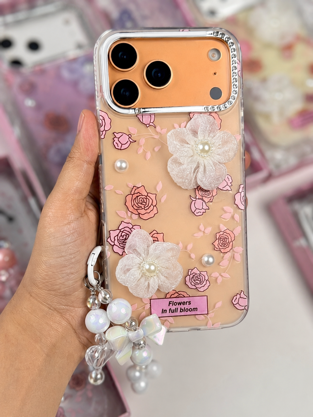 Bloom Pearl Floral Case with Beaded Charm | iPhone & Samsung View 3 - OnlineExpo.pk