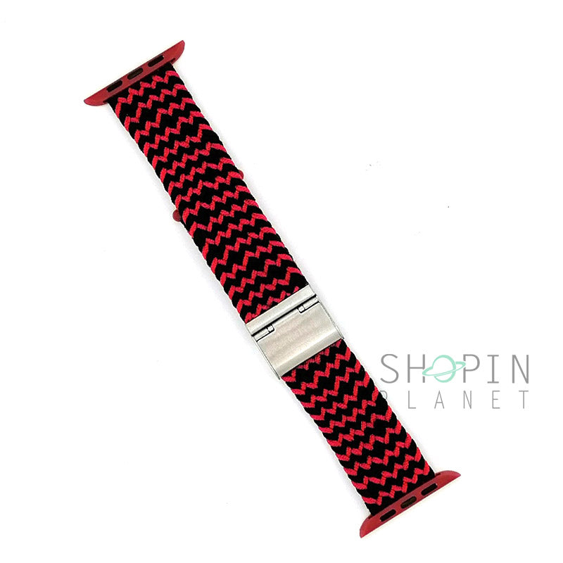 Apple Watch 42mm-44mm-45mm Double Tone Braided Solo Loop Nylon Fabric Strap with Clip - Black/Red Original Product Front
