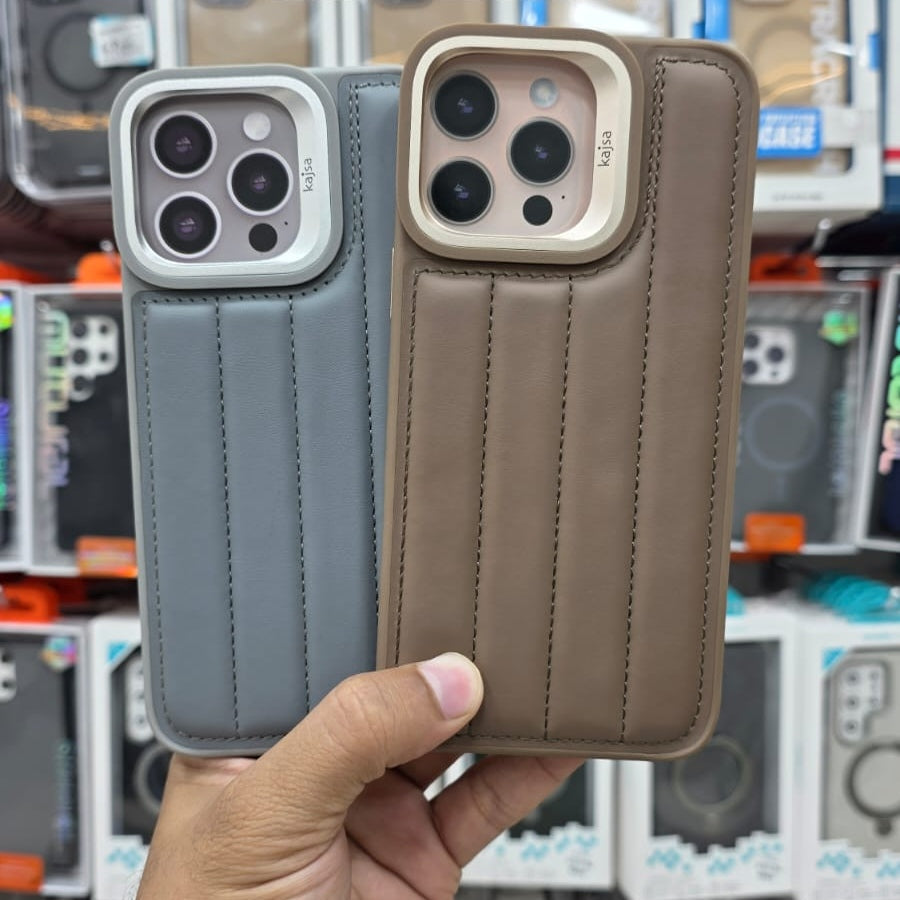 iPhone 16 Pro Max Kajsa Leather Straight Pattern Case Desert/Natural Original Product Front View - OnlineExpo.pk