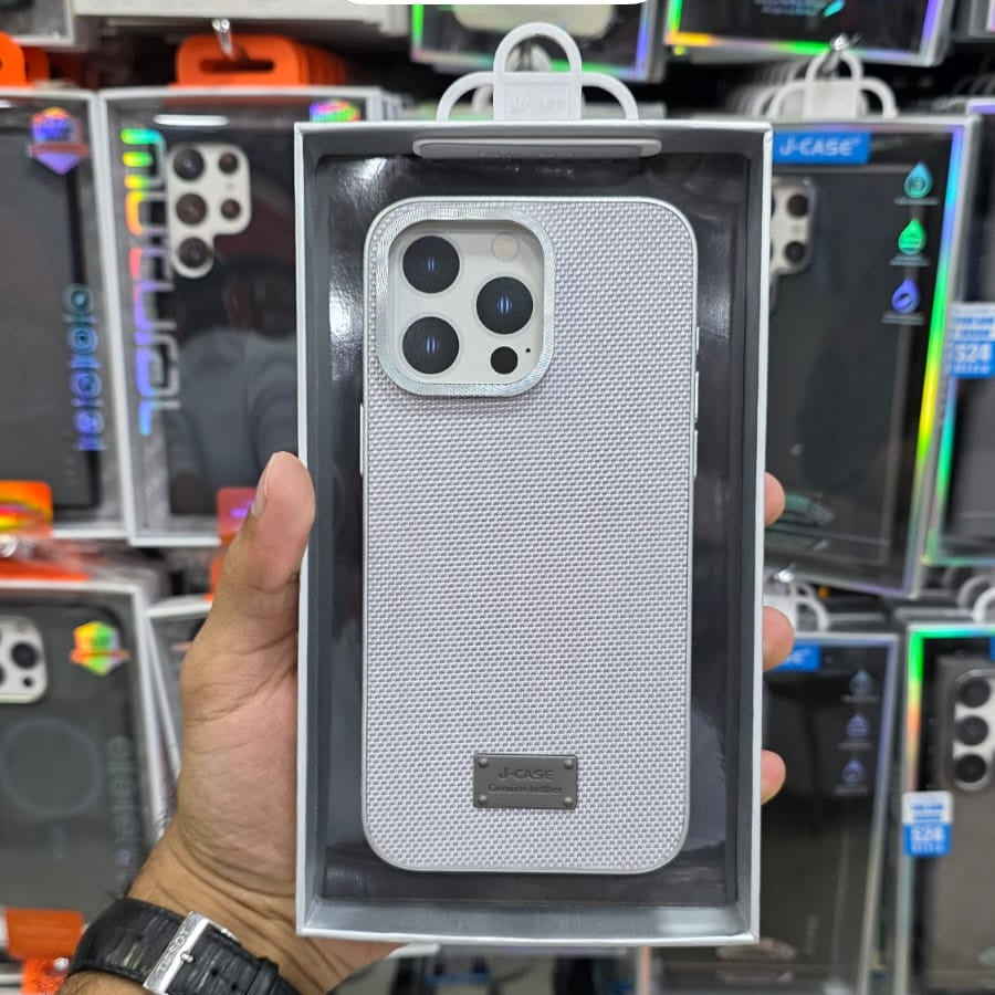 iPhone 15 Pro Max Jcase Nylon Fabric Case - Premium Silver Texture Finish Original Product Front View - OnlineExpo.pk