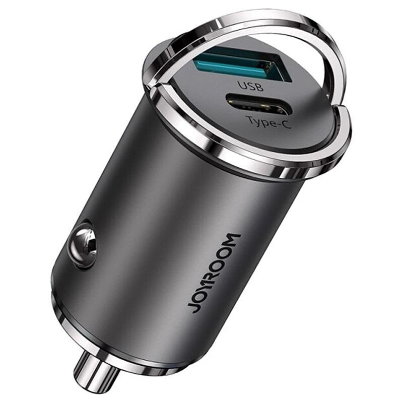 Joyroom C-A35 45W Mini 2-port ring-pull fast car charger - Grey Original Product Front View - OnlineExpo.pk