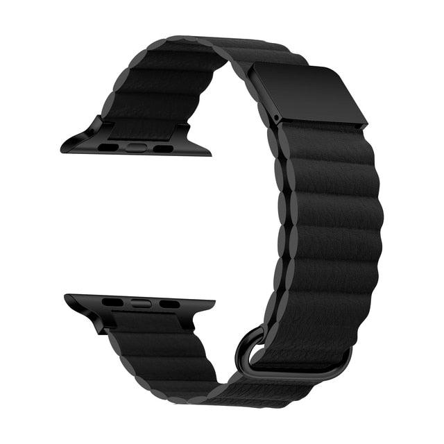 42/44/45/49mm Apple Watch Metal Magnetic Leather Strap - Black Original Product Front View - OnlineExpo.pk