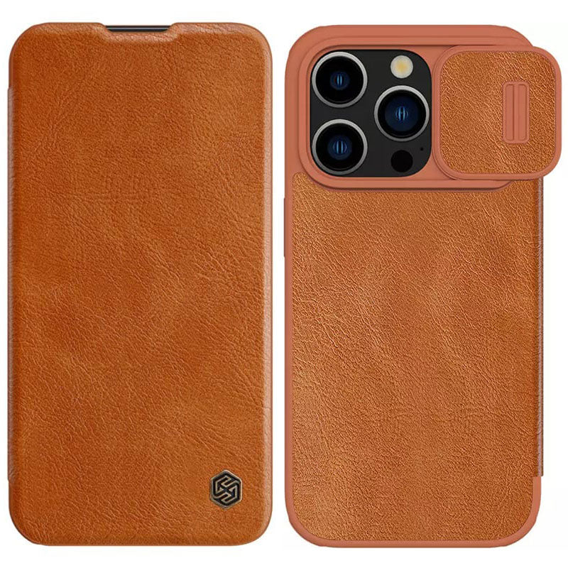 iPhone 15 Pro Max QIN Pro Series Flip Leather Case by NILLKIN - Brown Original Product Front View - OnlineExpo.pk
