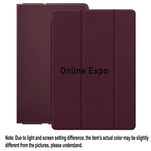 A dark burgundy textured tablet folio case shown from the back and side on a white background, with a note at the bottom stating that the actual color may be slightly different due to lighting and screen settings.