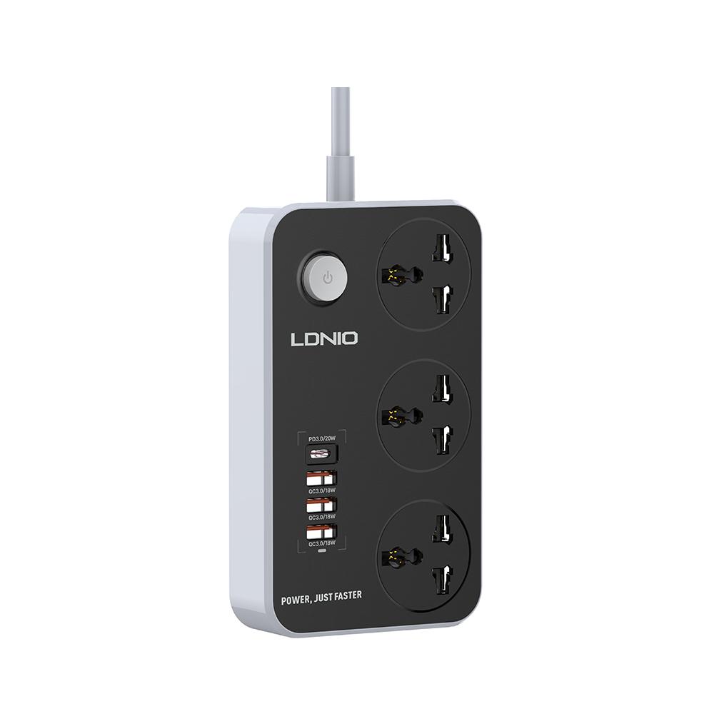 LDNIO SC3412 38W 3 Port + 4 USB Universal Power Socket - Black Original Product Front View - OnlineExpo.pk