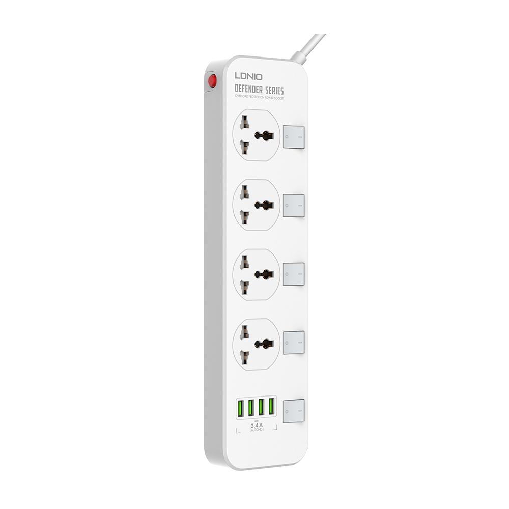 LDNIO SC4408 4 Port + 4 USB Universal Power Socket - White Original Product Front View - OnlineExpo.pk