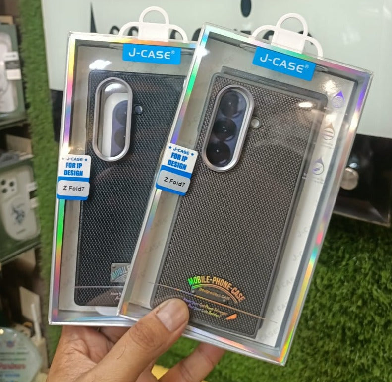 Samsung Galaxy Fold 7 Jcase Premium Nylon Texture with Leather Grip (Grey/Black) Original Product Front View - OnlineExpo.pk