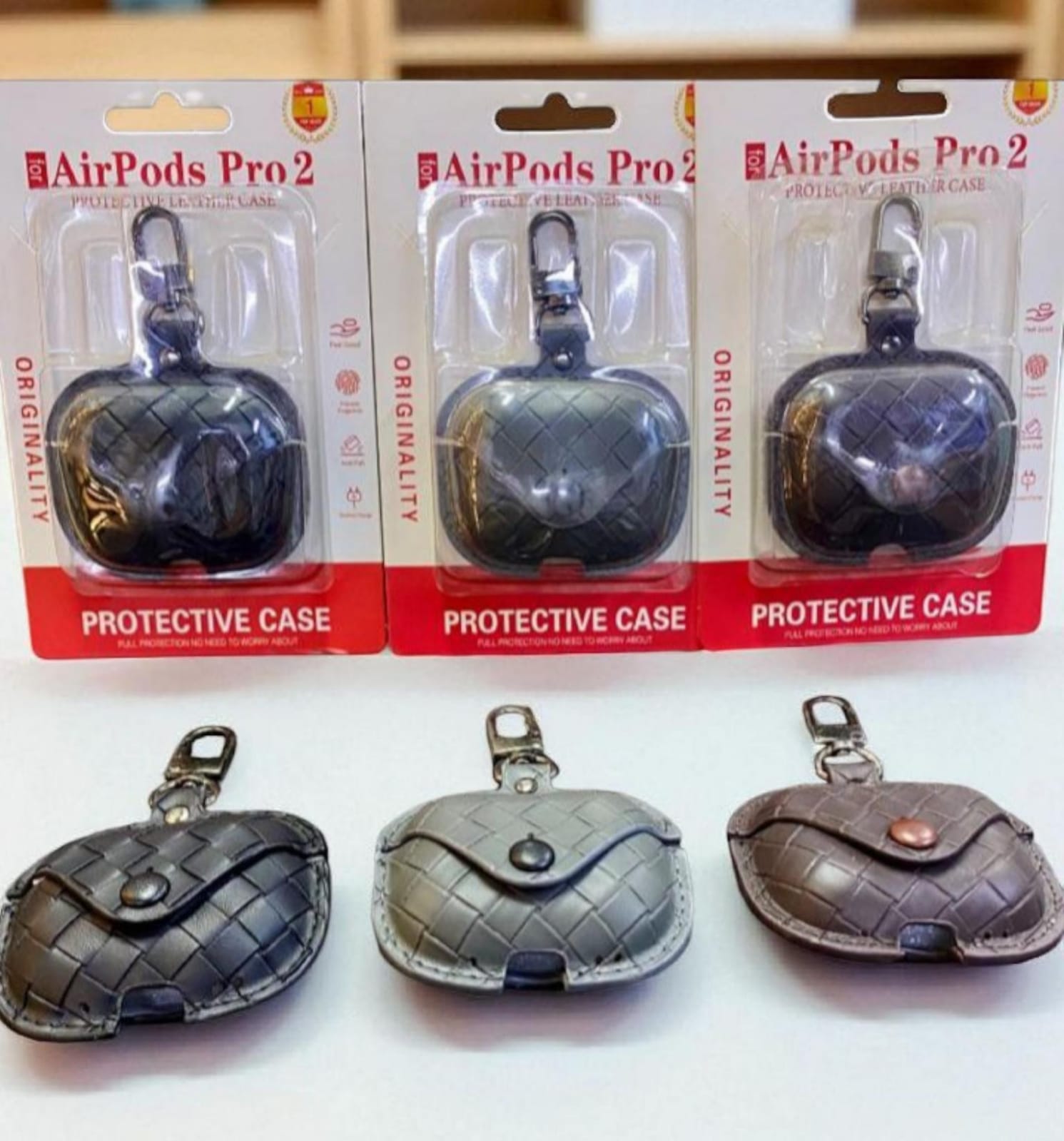 AirPods Pro 2 (2022) Leather Woven Protective Case - Black, Grey, Brown Original Product Front View - OnlineExpo.pk