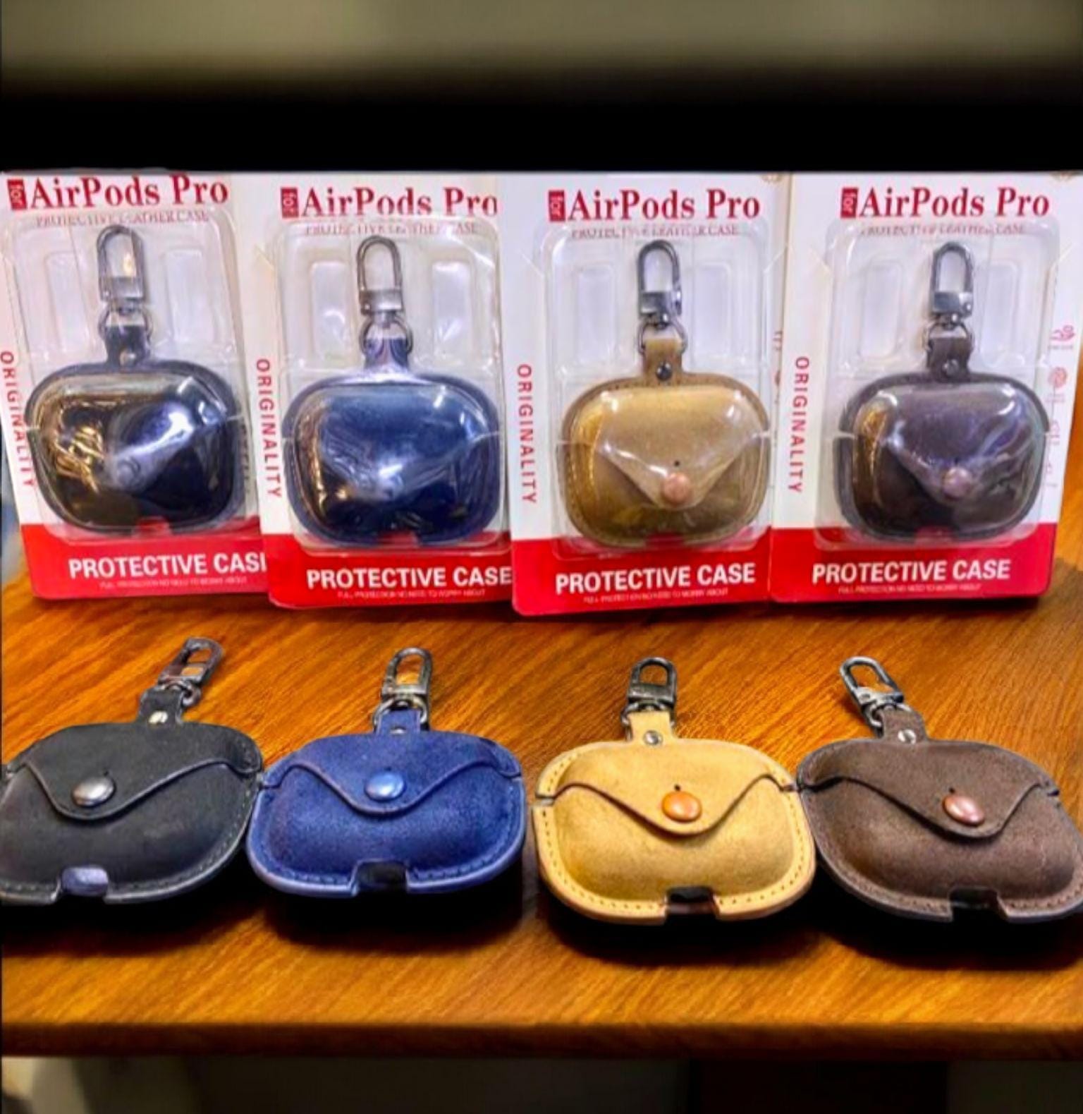 AirPods Pro 2019 Leather Case Pocket Style - Brown, Blue, Black & Camel Brown Original Product Front View - OnlineExpo.pk