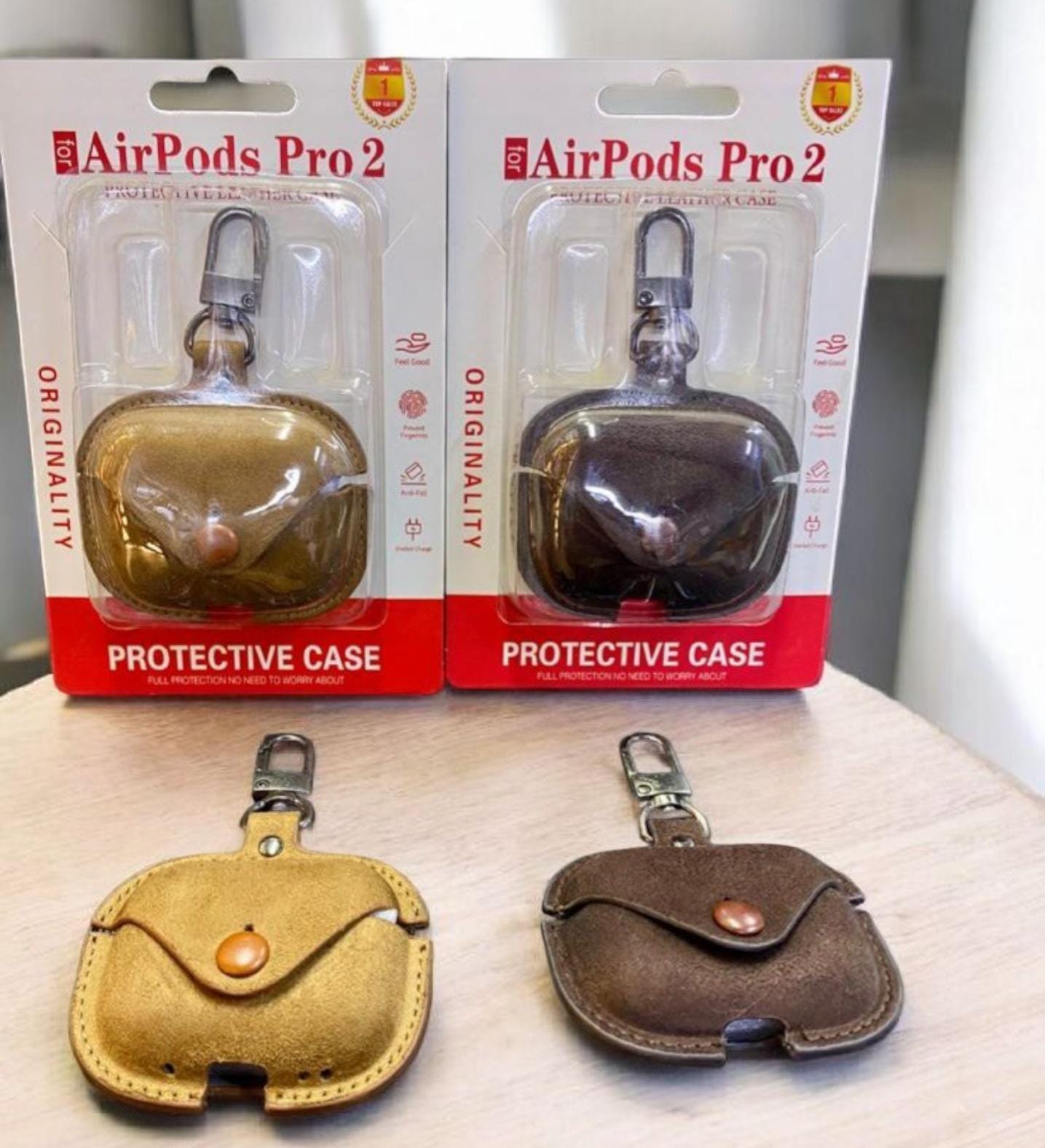 AirPods Pro 2 2022 Leather Case Pocket Style - Brown & Camel Brown Original Product Front View - OnlineExpo.pk