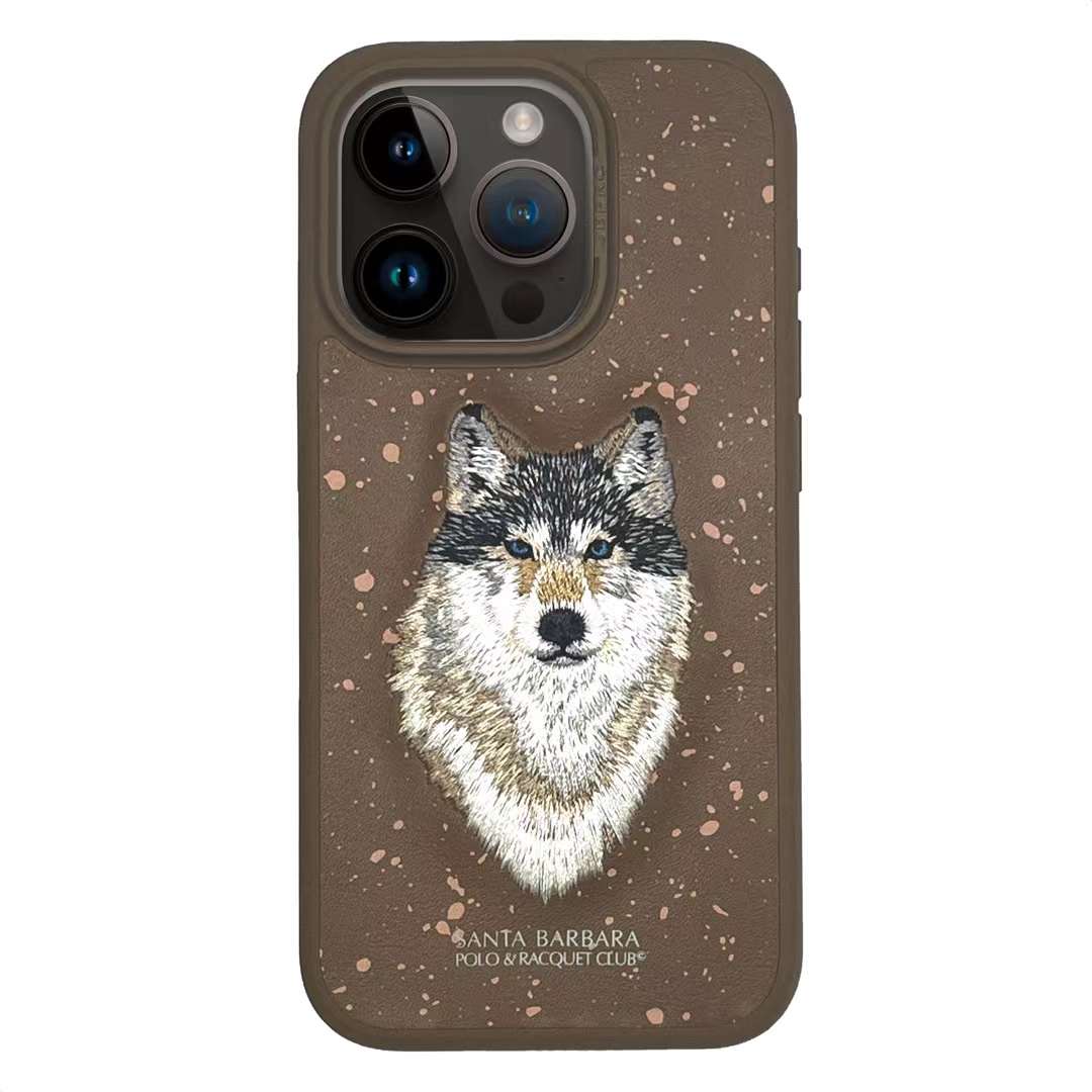 iPhone 15 Pro Max Savanna Series 3D Embroidered Wolf Leather Case - Brown Original Product Front View - OnlineExpo.pk