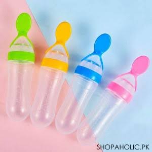 Baby Silicon Spoon Feeder With Bottle, Spoon Squeeze Bottle Feeder Baby Feeding Cereal Rice With Dispensing Feeder Food Dispensing Spoon Toddler View 3 - OnlineExpo.pk