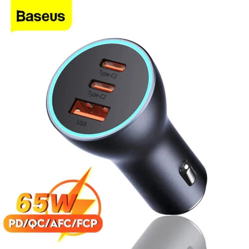 Baseus 65W Golden Contactor Pro Triple Fast Charging Car Charger USB + Dual Type C Port - Dark Gray Original Product Front