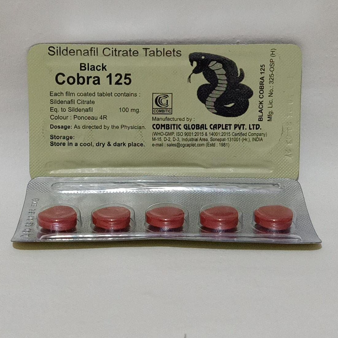 Black Cobra-125 (100mg) 5 Tablets Original Product Front View - OnlineExpo.pk