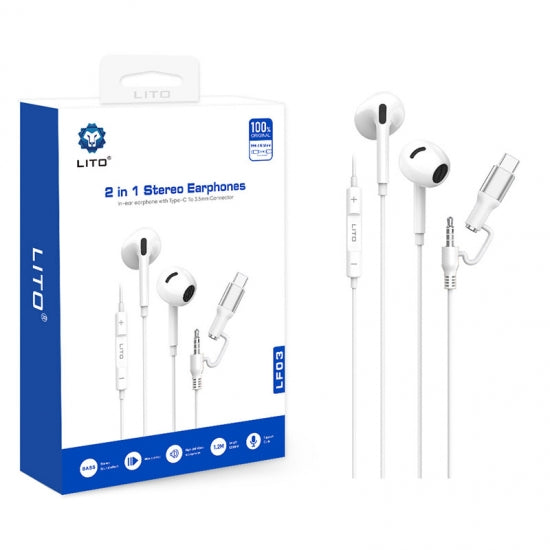 LITO LF03 2-in-1 Type-C to 3.5mm Earphone | Wired Earphones – LITO Original Product Front View - OnlineExpo.pk