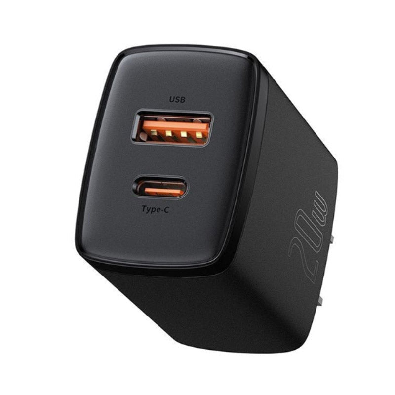 Baseus Compact Super Quick Charger Dual Port U+C 20W - Black Original Product Front View - OnlineExpo.pk
