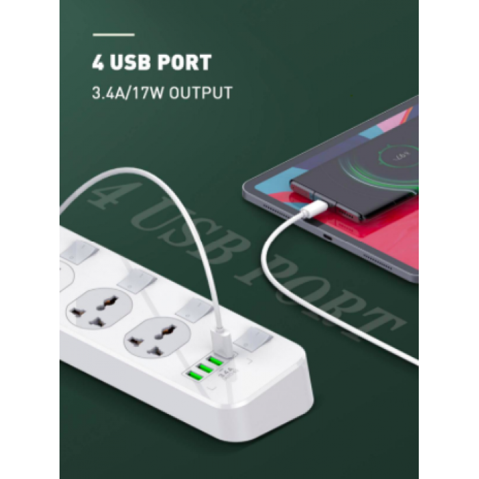 LDNIO SK4466 2500W 4 Power Socket UK 3.4A 4 USB Ports + 4 Universal View 2 - OnlineExpo.pk
