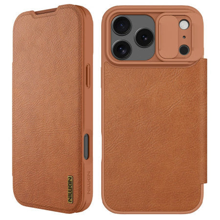 Nillkin Qin Pro Leather Flip Case for iPhone 17 Pro Max | Brown & Black Original Product Front View - OnlineExpo.pk