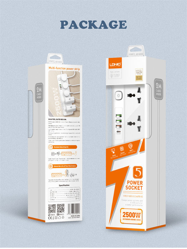 LDNIO SC5415 Multi Function Power Strip 5 Power Sockets +1PD 20W+1QC 18W+2 AUTO-ID Extension Board Original Product Front View - OnlineExpo.pk